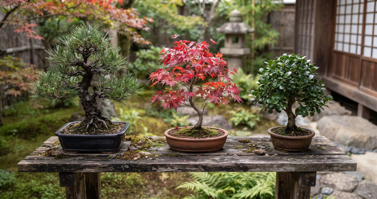 木製の飾り棚に松の盆栽、紅葉したもみじの盆栽、丸い葉の観葉樹の盆栽の3種類が横に並べられ、上から見比べられている様子