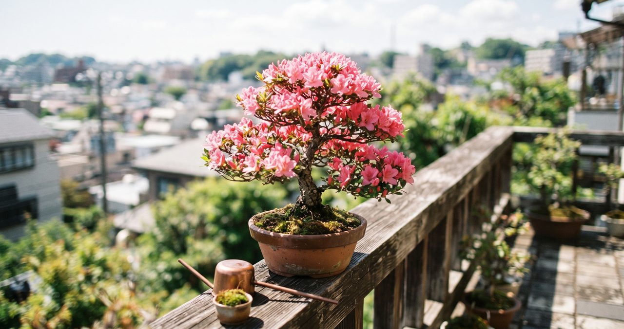 ピンク色の花を咲かせたさつきの盆栽が屋外の日当たりの良いベランダの手すり付近に置かれている様子
