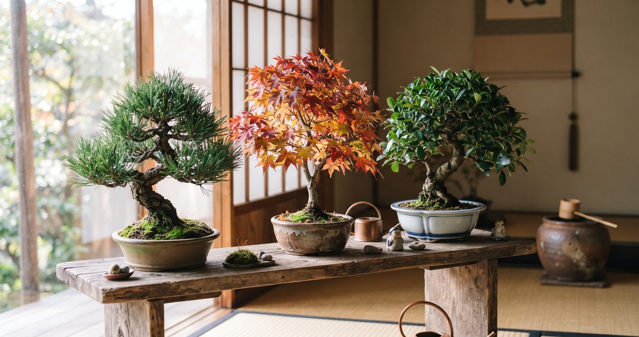 木製の飾り棚に緑の松、紅葉したもみじ、観葉樹の盆栽が並び、それぞれ違う季節感を漂わせている様子