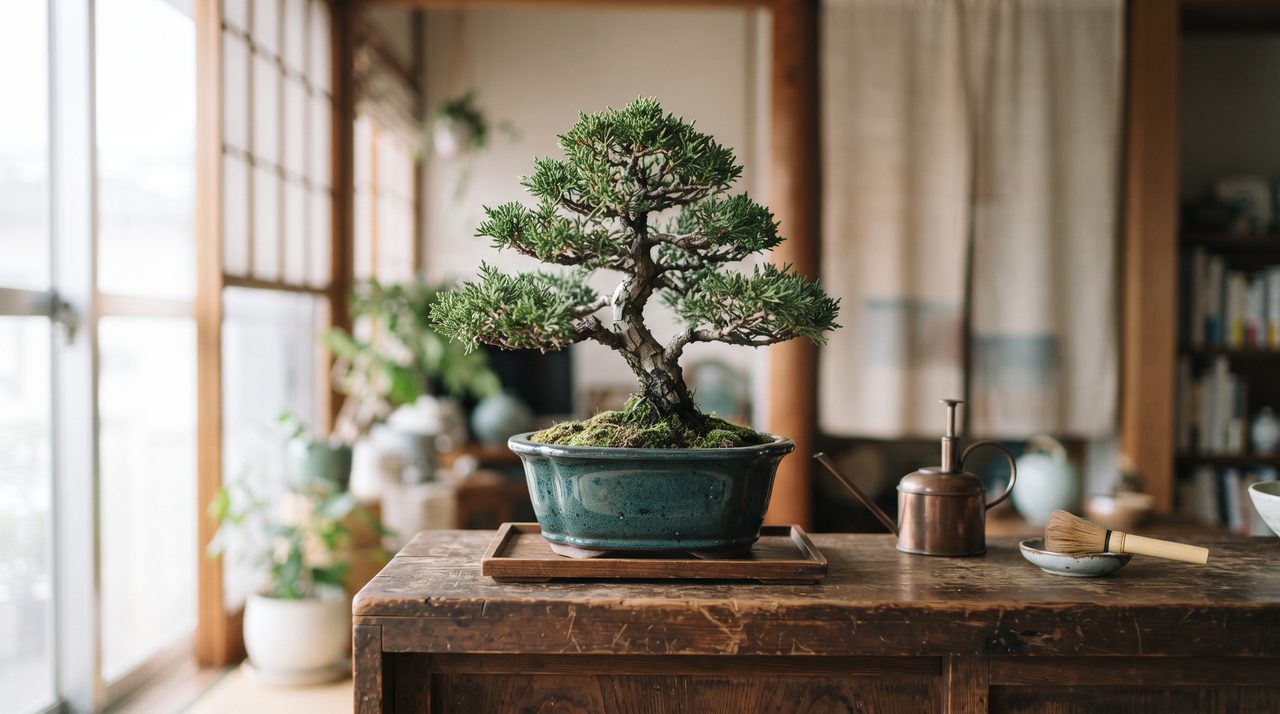 光沢のある藍色の陶器の化粧鉢に植えられた盆栽が、和室の木製の飾り棚の上に置かれている様子