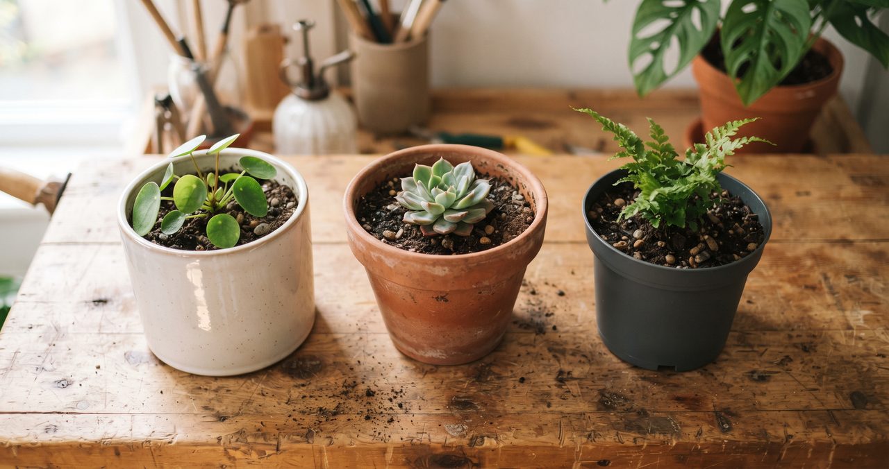 白い陶器鉢・赤茶色の素焼き鉢・黒いプラスチック鉢の3種類に植物を植えて並べ、素材ごとの質感の違いを比較した様子