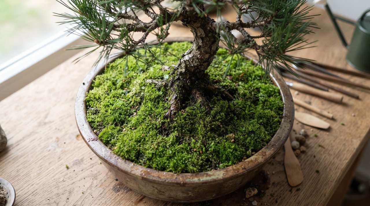 化粧苔を貼り終えたばかりの盆栽鉢の表面を真上から撮影した、青々とした苔の質感が分かる様子