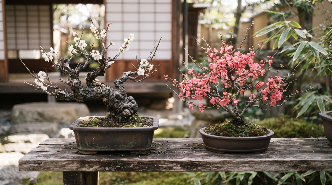 古木仕立ての白い花の梅盆栽と、小さなピンクの花を密に咲かせた長寿梅風盆栽を並べた比較写真