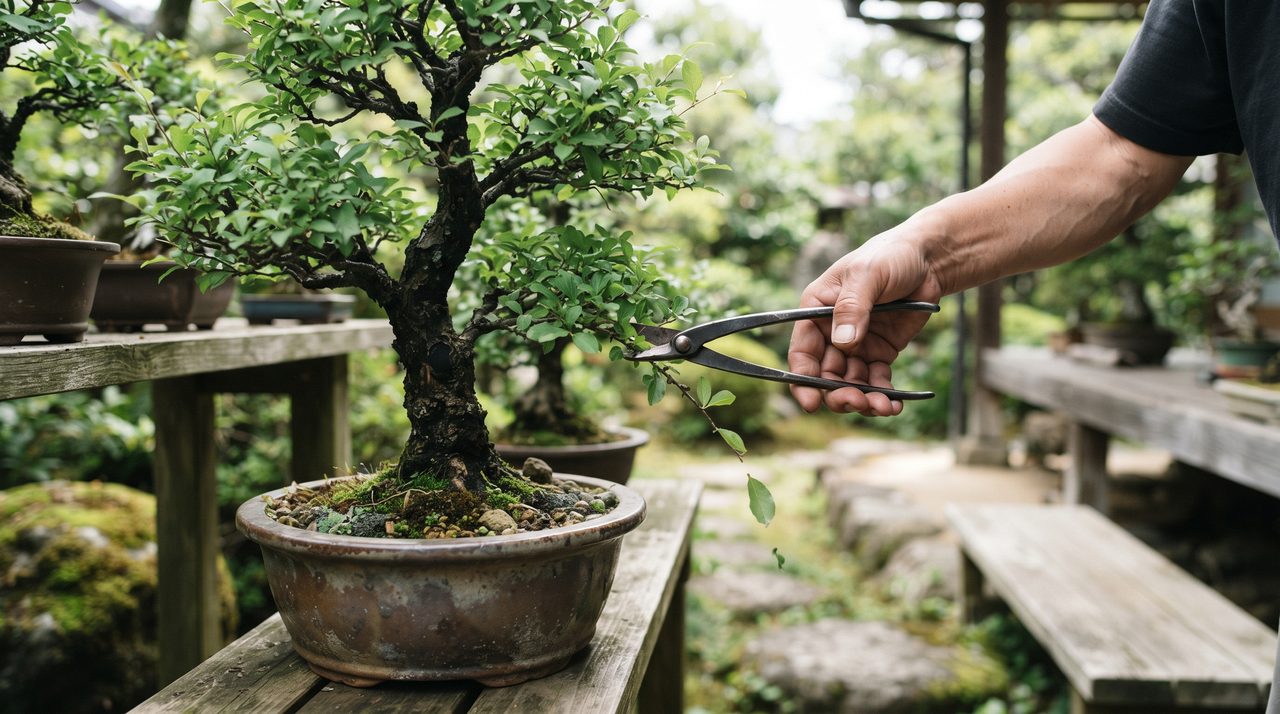 花が終わったあとの梅の盆栽の枝を盆栽ばさみで剪定している手元の写真