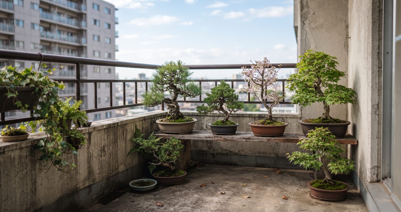 マンションのベランダに置かれた盆栽の鉢が手すり越しの日差しを受けている様子