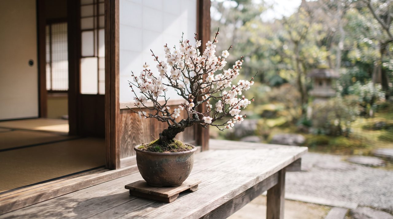白く小さな花を咲かせた梅の盆栽を和室の縁側で撮影した写真