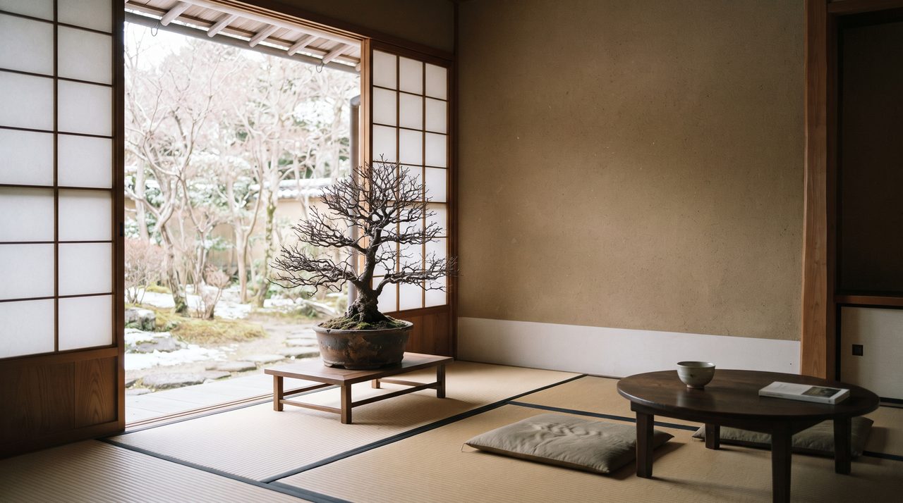 葉がすべて落ちて枝だけになった落葉樹の盆栽が冬の和室の窓辺に置かれている写真