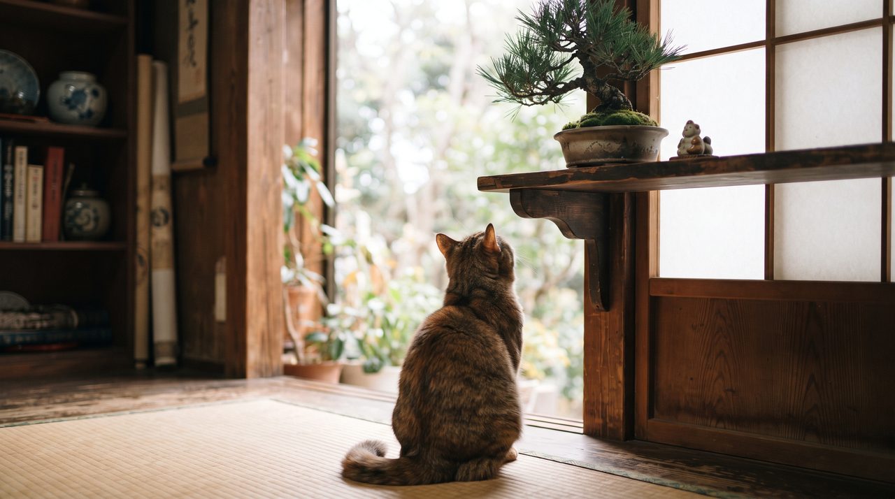 窓辺の高い棚に置かれた盆栽を下から見上げている猫の後ろ姿が写る室内の写真