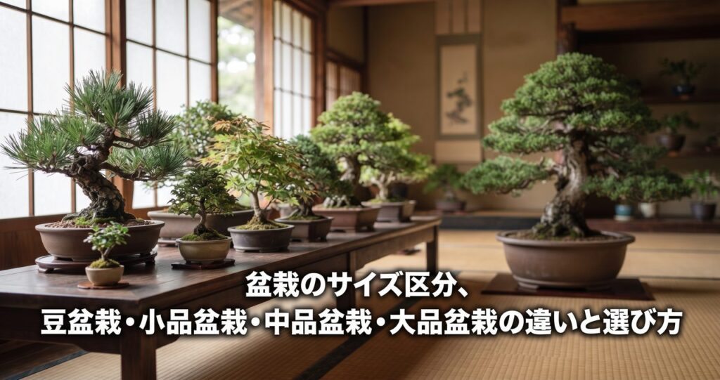 盆栽のサイズ区分、豆盆栽・小品盆栽・中品盆栽・大品盆栽の違いと選び方を表したアイキャッチ画像、和室風の空間に小さな豆盆栽から大きな大品盆栽まで手前から奥へサイズ順に並べた様子