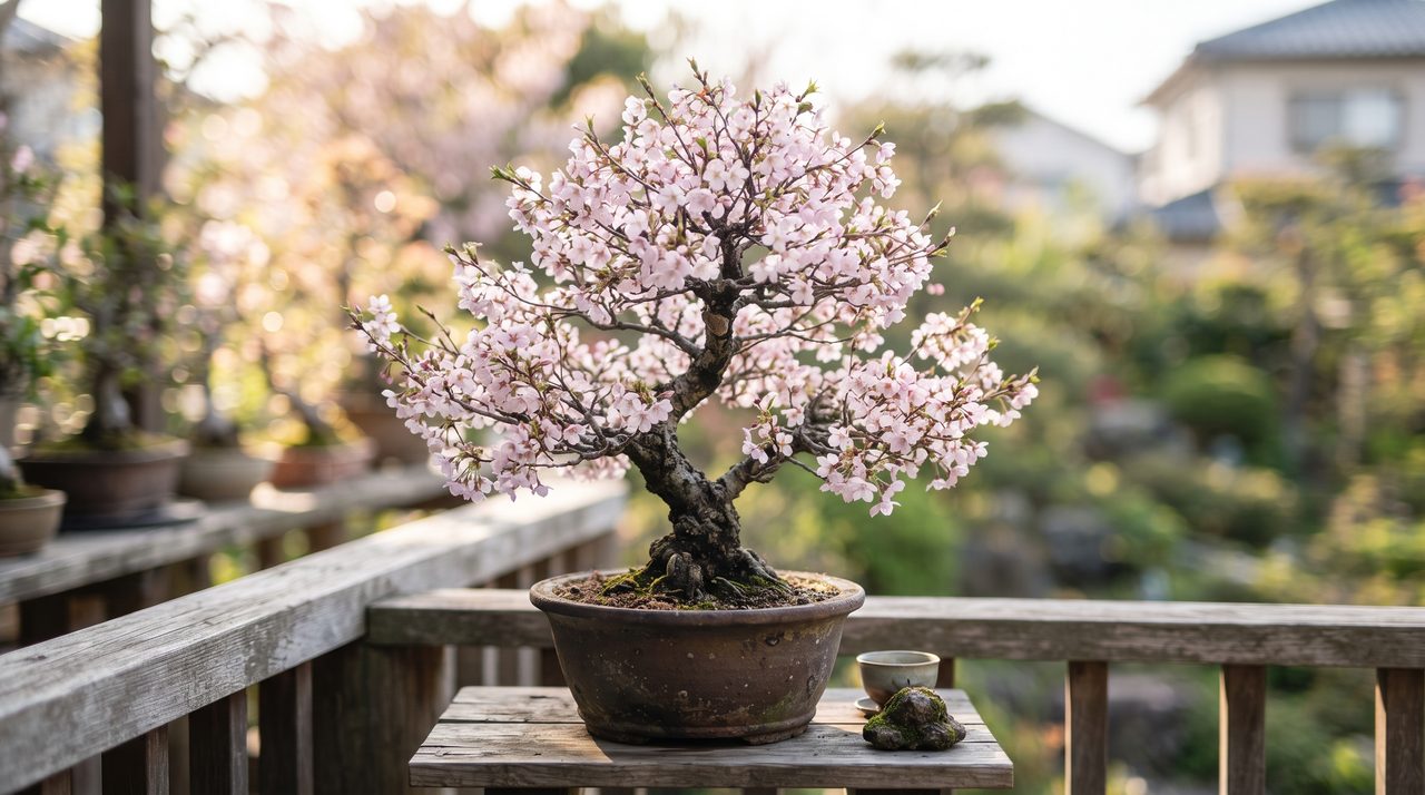 屋外に置かれた、薄いピンク色の花を満開に咲かせた桜の盆栽