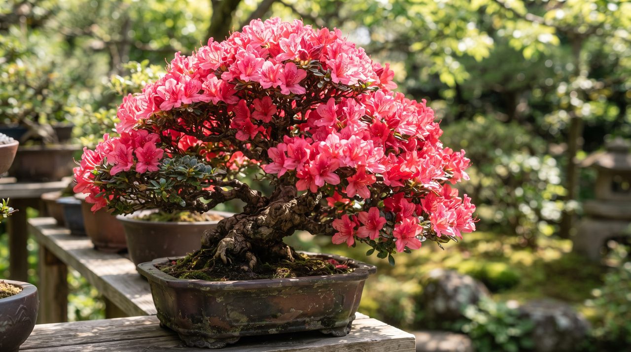 屋外に置かれた、赤色の花を密に咲かせたつつじの盆栽のクローズアップ