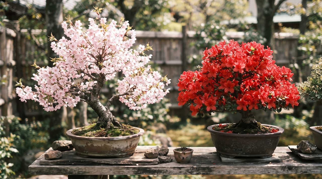 薄いピンク色の花を咲かせた桜の盆栽と、赤色の花を咲かせたつつじの盆栽を並べて比較した様子