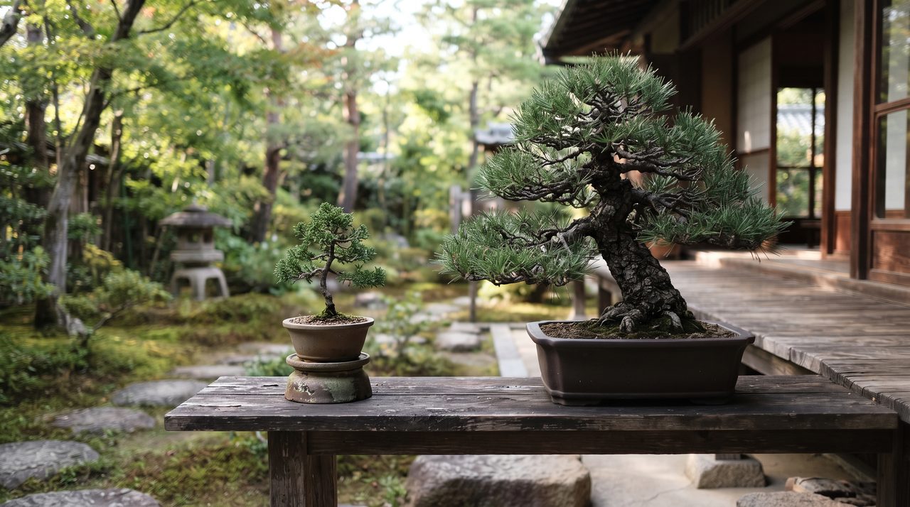 小さな鉢の若い盆栽と、大きめの鉢に植えられた年数を重ねた盆栽を並べて比較した様子