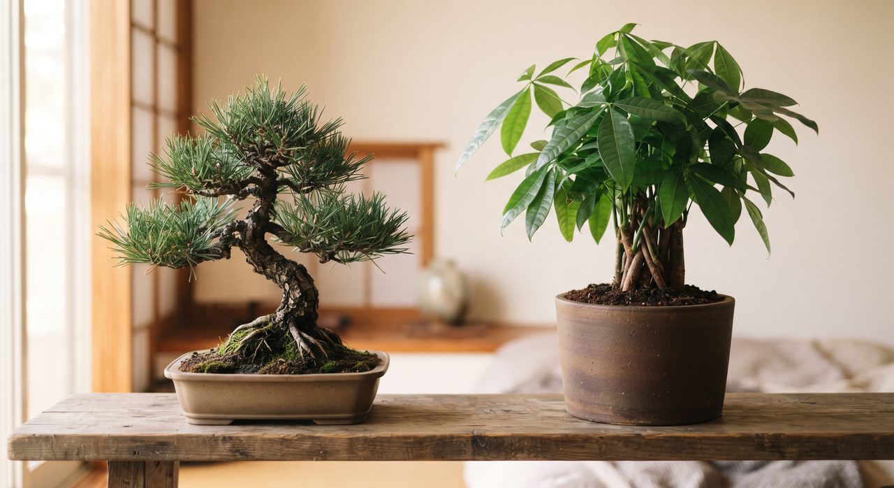 木製の棚の上に左は浅い鉢に植えられた松の盆栽、右は深い鉢に植えられたパキラの観葉植物を並べて置き、樹形と鉢の深さの違いを対比した写真